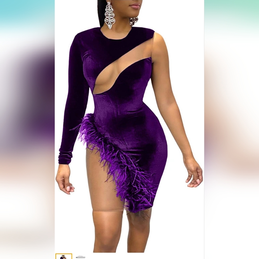 Aro Lora Women's Sexy One Sleeve Velvet Sheer Purple Dress